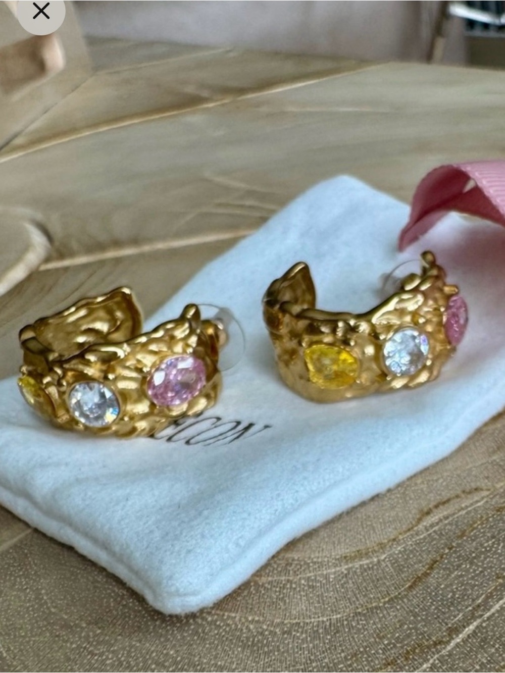 Gold Textured Hoop Earrings with Pink and Yellow Gemstones